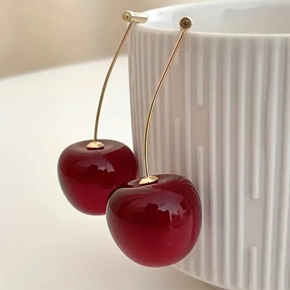 Cherry Drop Earrings Sweet Red Dangle Trendy Fruit Gold Plated Ear Ornaments - Picture 1 of 3